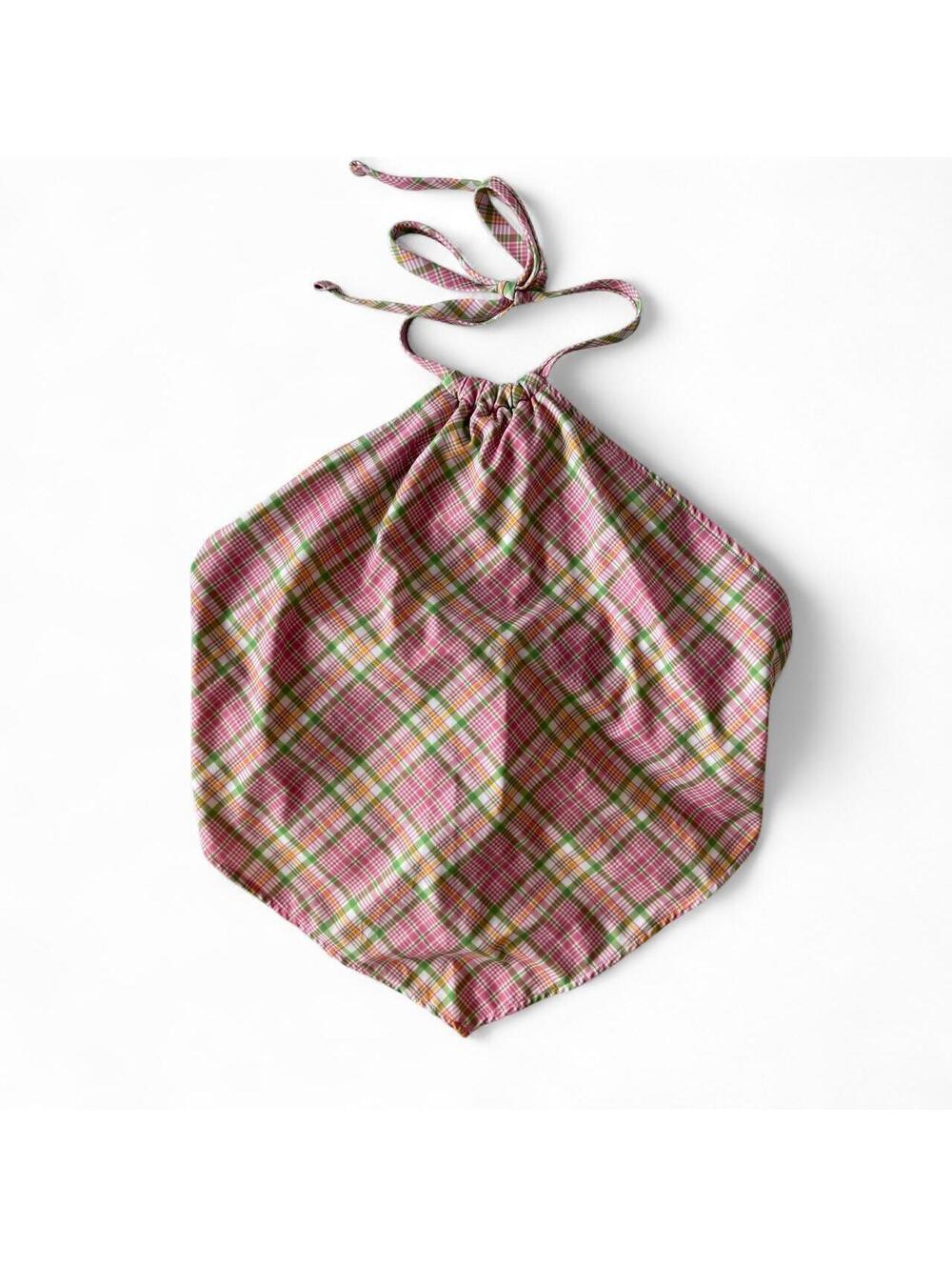 Y2K Pink Plaid Handkerchief Halter Top Tie Back festival preppy